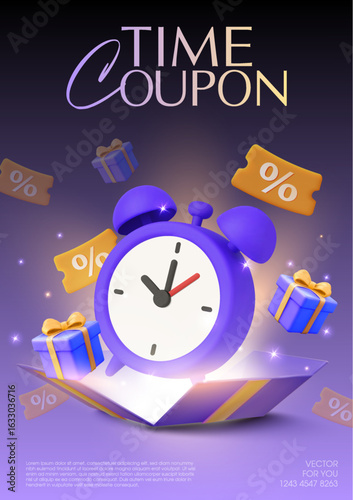 3d opened gift box with alarm clock, gift vouchers flying around, isolated on background. Limited time gift coupon in 3d vector illustration. Vector illustration