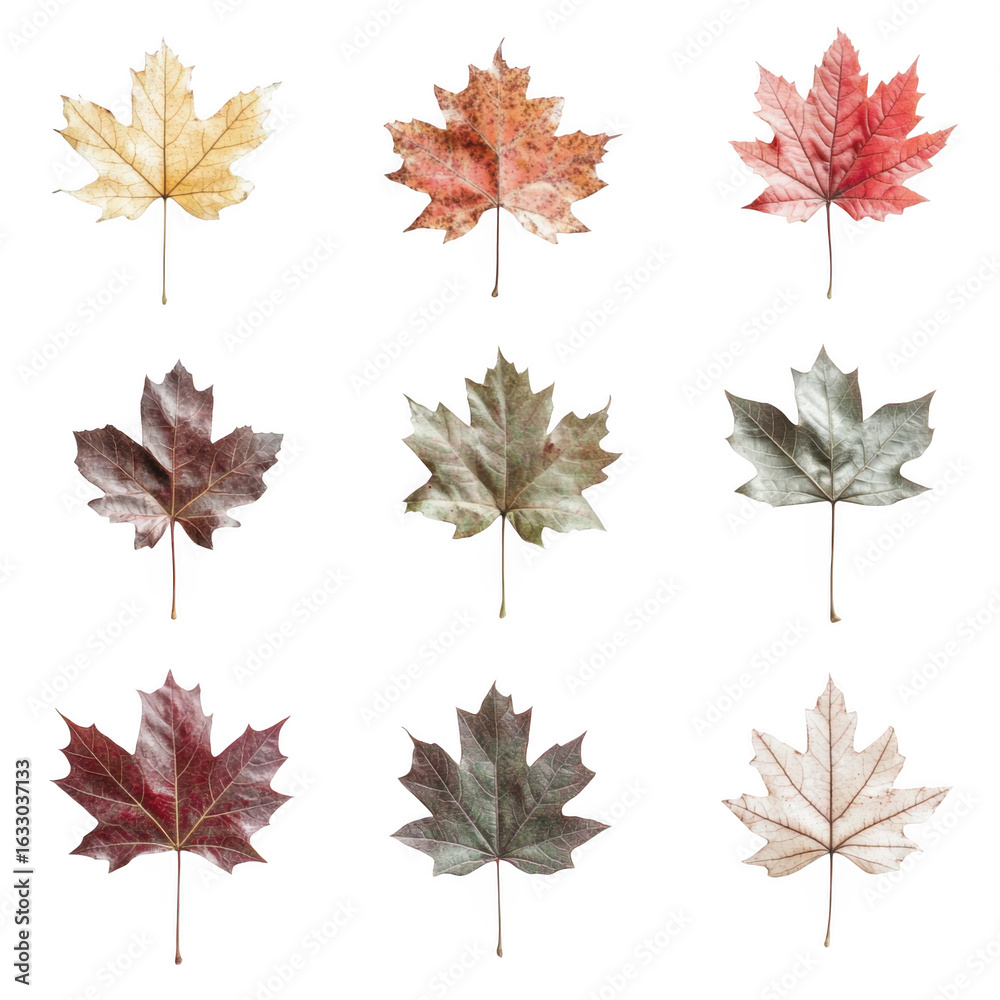 Fototapeta premium Collection of nine colorful artificial maple leaves on stems isolated on transparent background
