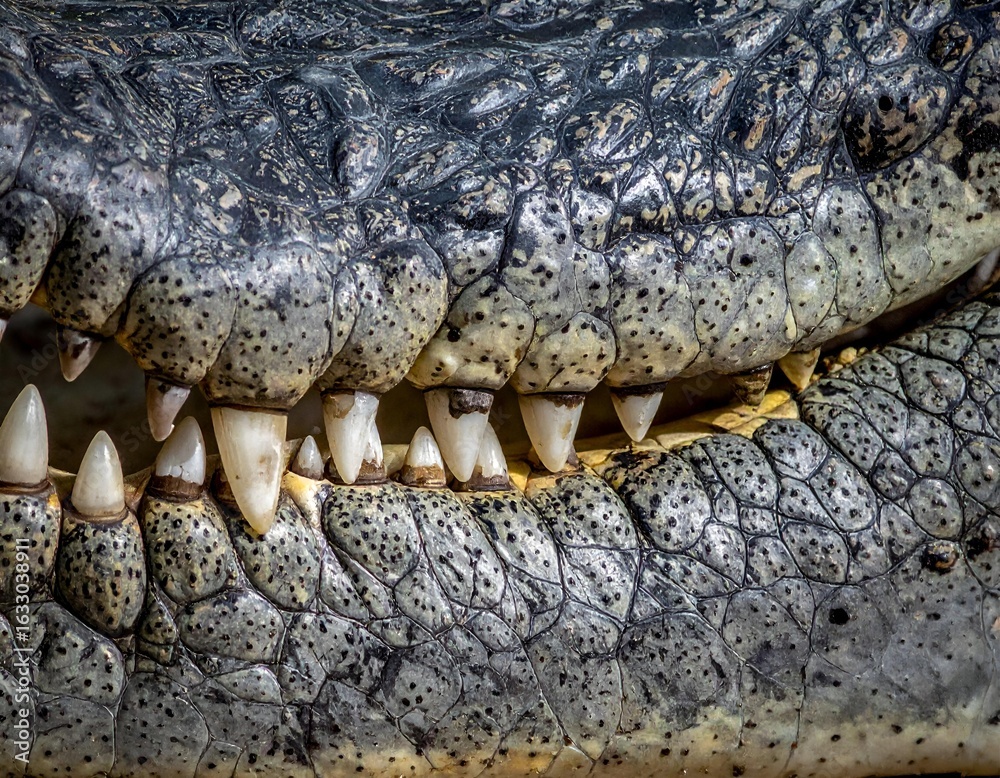 Fototapeta premium A detailed close-up of a crocodile's powerful jaw, showcasing its sharp teeth and intricate scaly skin texture. Emphasizes the raw power and reptilian detail.