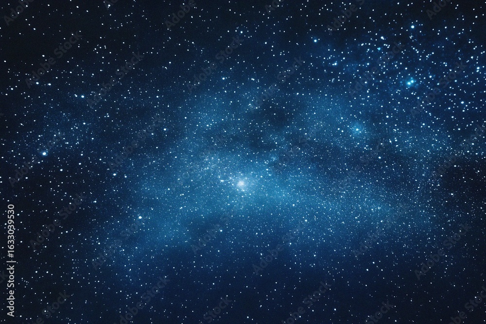 Fototapeta premium Starry sky background, blue night sky full of stars, glowing stars in the dark space, starry background, dark night, stars in the distance, starlight, dark background with a blue glow, night sky. 