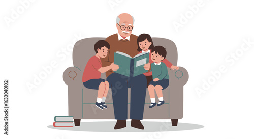 Grandfather Reading to Grandchildren: Story Time Illustration