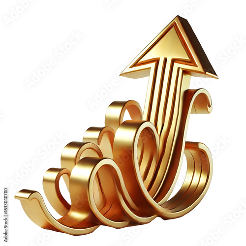rising gold arrow 3d render icon isolated on white background