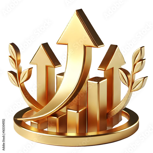 rising gold arrow 3d render icon isolated on white background