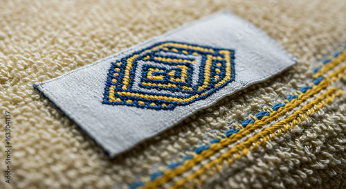 White woven fabric tag mockup on a soft brown terry cloth garment. A template for apparel branding and design.