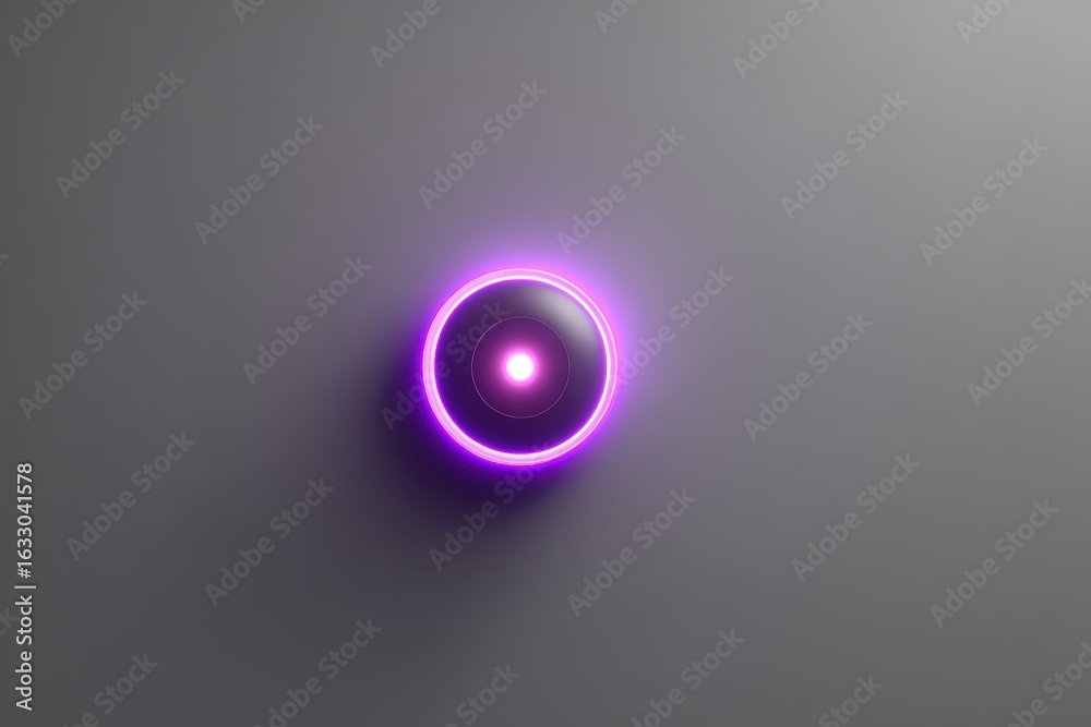 Obraz premium Futuristic Neon Glowing Control Button with Purple Light on Grey Background - Modern Technology Concept Design