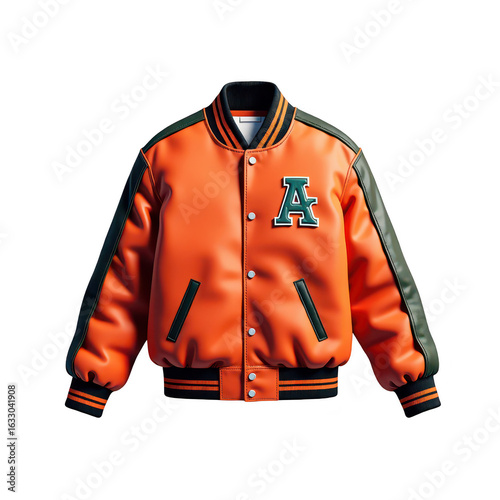 An orange baseball jacket with dark green accents.