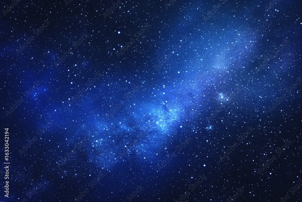 Fototapeta premium Starry sky background, blue night sky full of stars, glowing stars in the dark space, starry background, dark night, stars in the distance, starlight, dark background with a blue glow, night sky. 