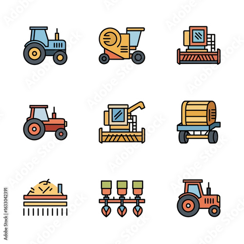 A colorful icon set of agricultural machinery, including tractors, combine harvesters, and other farm equipment.