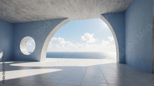 Minimalist Room with Arched Window Overlooking the Sea