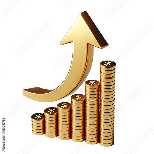 rising gold arrow 3d render icon isolated on white background