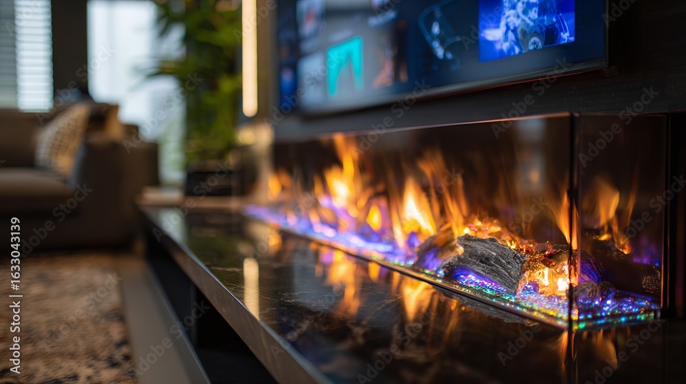 Obraz premium A cozy, modern living room featuring a stunning electric fireplace with vibrant flames and colorful accents.