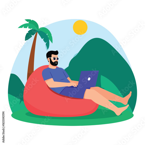 A bearded man wearing sunglasses works on his laptop while relaxing on a red bean bag chair in a sunny, tropical outdoor setting with a palm tree and green hills.