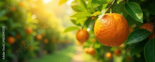 Sun-drenched citrus grove, vibrant oranges hanging heavy , farm, branches