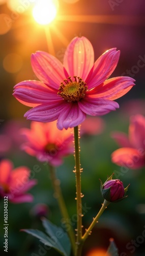 Sunrise paints Marguerite with warm glow Dew-covered petals, bokeh background , sun, close-up