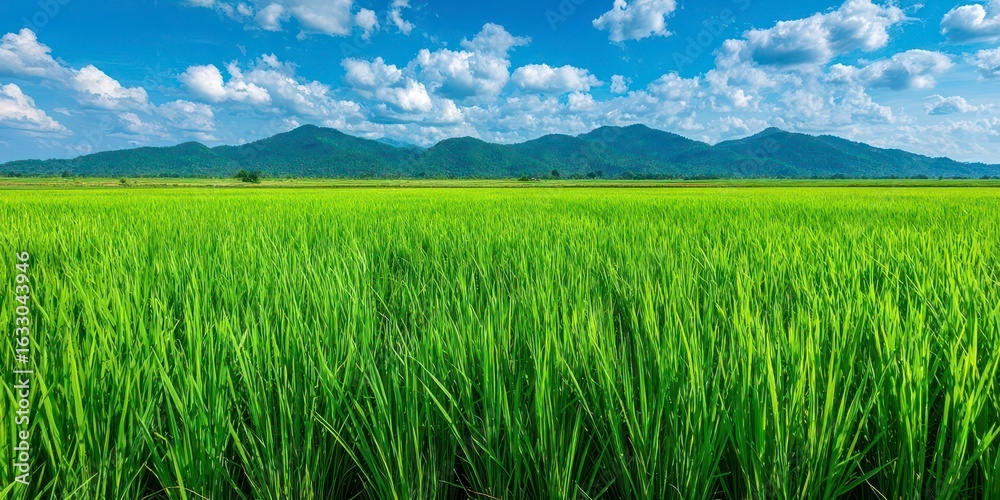 Fototapeta premium Lush green rice paddy stretches to distant mountains under a vibrant sky