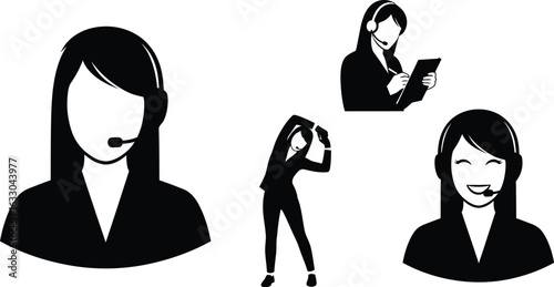 Illustration of call center operators with headsets, , showcasing customer service, technical support, and online assistance for business and communication needs