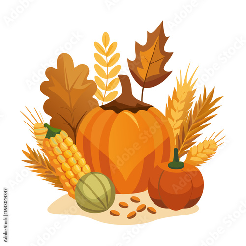 Cozy Autumn Harvest Scene with Pumpkins and Wheat Vector