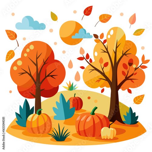 Vibrant Autumn Landscape with Falling Leaves and Pumpkins Vector