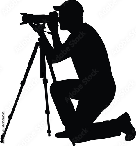Silhouette of a photographer kneeling with a camera a tripod, capturing images with professional equipment and showcasing the art of photography
