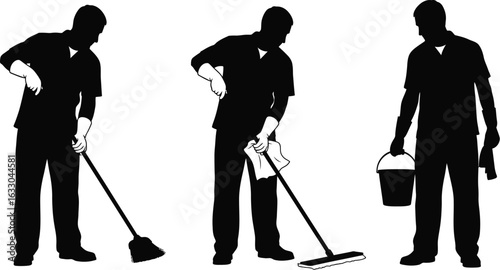 Silhouettes of a cleaner with a broom, mop, bucket, and rag, showcasing various cleaning activities and gestures for housekeeping and janitorial services