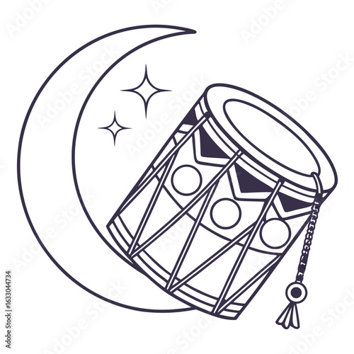 A monochrome line drawing of a traditional drum and a sparkling crescent moon, symbolizing Islamic holidays.