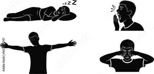 Silhouette illustrations depicting a person sleeping, yawning, stretching, and rubbing their eyes, representing tiredness, wakefulness, and various body postures