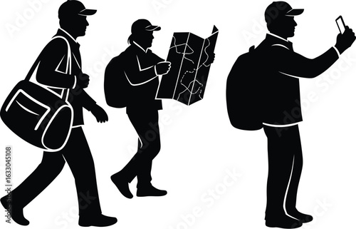 A group of travelers explores with maps and phones, embarking a tourism adventure, showcasing wanderlust and discovery