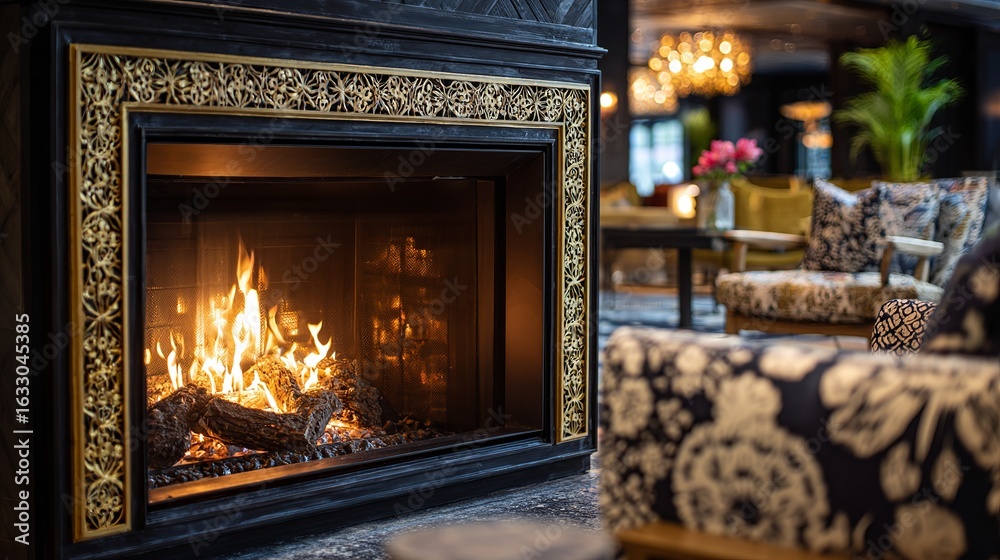 Fototapeta premium Cozy living space with a warm fireplace, featuring elegant furniture and a welcoming ambiance.