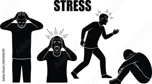 Illustrations depicting stress, anxiety, and depression, showcasing mental health problems, emotional distress, and feelings of despair