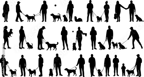 Group people all ages activities with dogs vector silhouette set collection.
