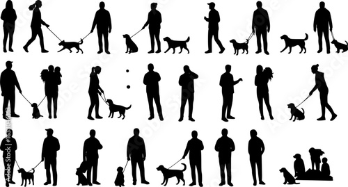 Group people all ages activities with dogs vector silhouette set collection.
