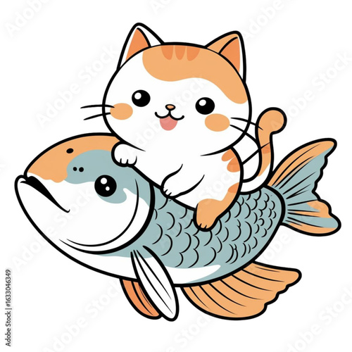 White-Orange Cat Riding a Fish – Line Art Sticker