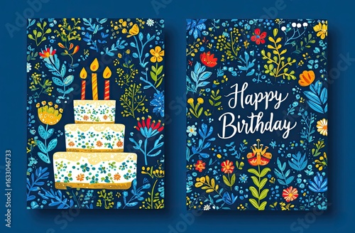 Two birthday greeting cards featuring a layered cake and floral patterns