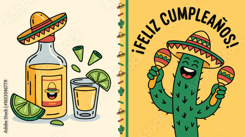 Animated Feliz Cumpleaños Card Featuring Sombrero Wearing Cactus, Tequila Bottle, Shot Glass, and Lime