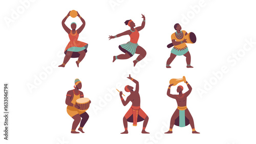 Art Depicting Traditional African Dancers and Musicians in Colorful Garb on White Background