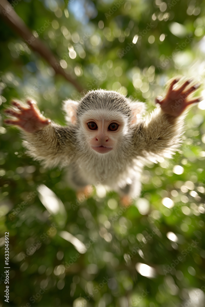 Obraz premium Squirrel Monkey Reaching Out, Focused on Connection, Captured From Below in Lush Foliage