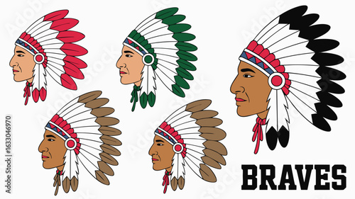 Braves Indian Headdresses Red, Green, Brown, Black White Feathers, Native American Chiefs Illustrations