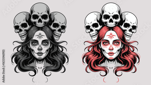 Calavera Woman with Skulls Illustration, Gray and Red Hair Variants, Day of the Dead
