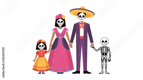 Cartoon Family Dressed for Day of the Dead Celebration with Skeleton on White Background