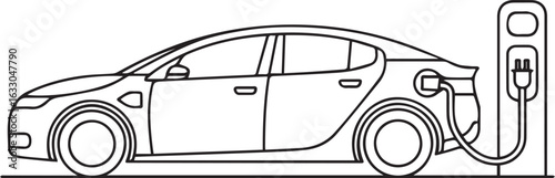 High-Resolution Line Art of a Modern Electric Car Charging in Black and White