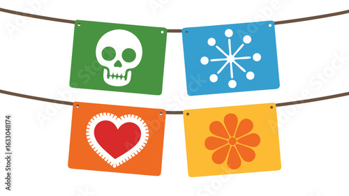 Colorful Bunting Garland with Skull, Snowflake, Heart, and Flower Motifs on White