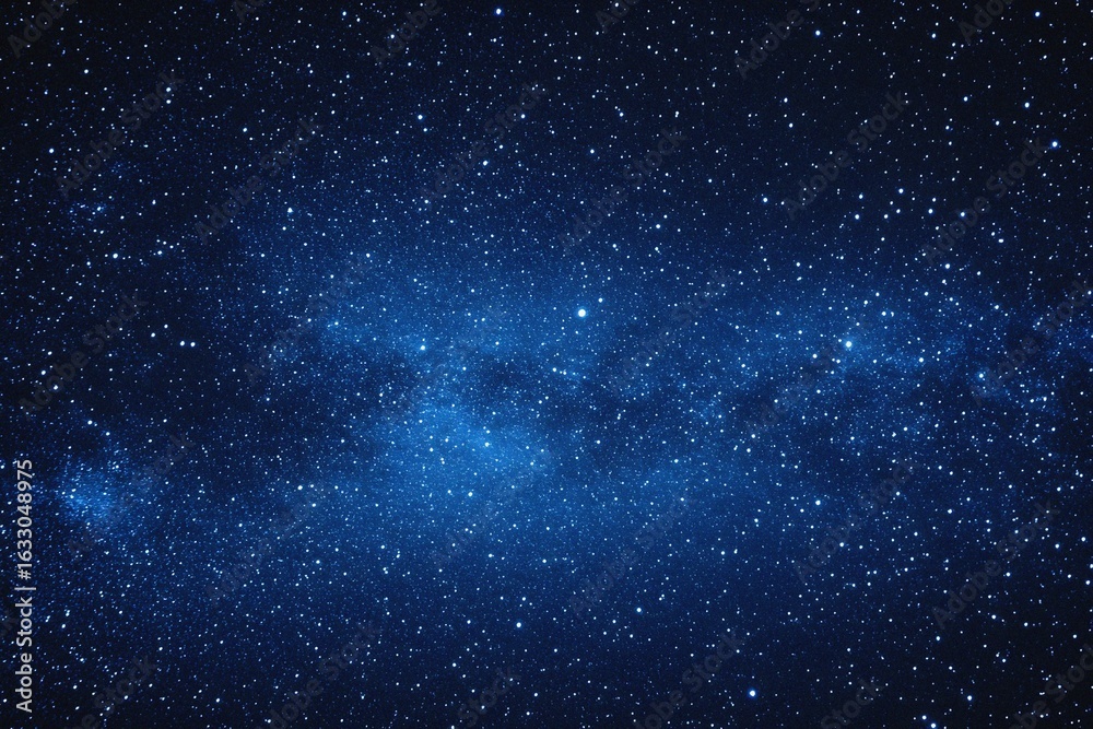 Naklejka premium Starry sky background, blue night sky full of stars, glowing stars in the dark space, starry background, dark night, stars in the distance, starlight, dark background with a blue glow, night sky. 