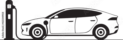 High-Resolution Line Art of a Modern Electric Car Charging in Black and White