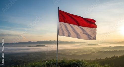 National flag waving over sunrise landscape
