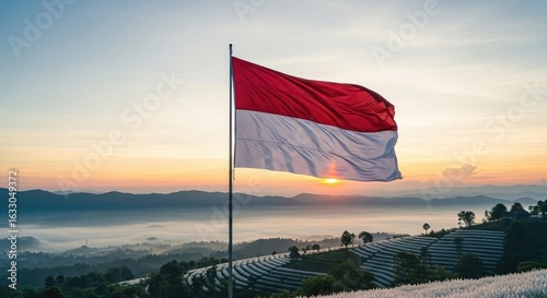 National flag waving over terraced fields at sunrise