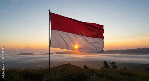National flag waving sunrise