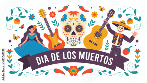 Colorful Dia De Los Muertos Illustration Featuring Sugar Skull, Musicians, and Traditional Decorations