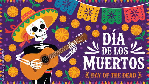 Colorful Día de los Muertos Illustration Skeleton Guitar Player, Banners, and Floral Accents on Purple
