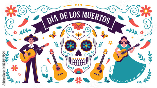 Colorful Día de los Muertos Illustration with Musicians, Skull, Flowers, and Pepper Decorations
