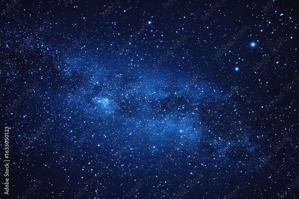 Naklejka premium Starry sky background, blue night sky full of stars, glowing stars in the dark space, starry background, dark night, stars in the distance, starlight, dark background with a blue glow, night sky. 